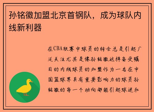 孙铭徽加盟北京首钢队，成为球队内线新利器