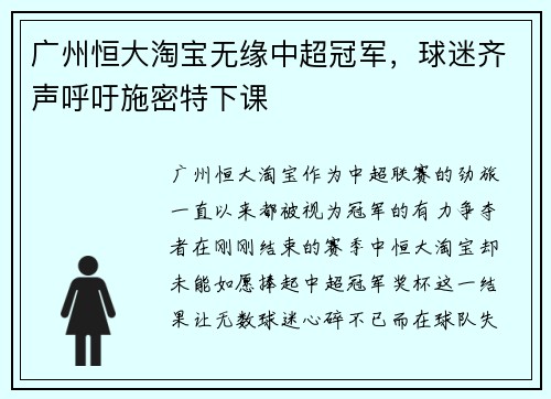 广州恒大淘宝无缘中超冠军，球迷齐声呼吁施密特下课