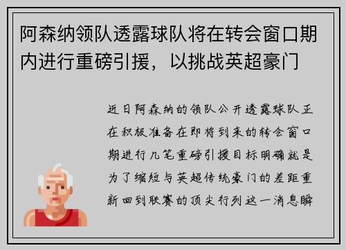 阿森纳领队透露球队将在转会窗口期内进行重磅引援，以挑战英超豪门