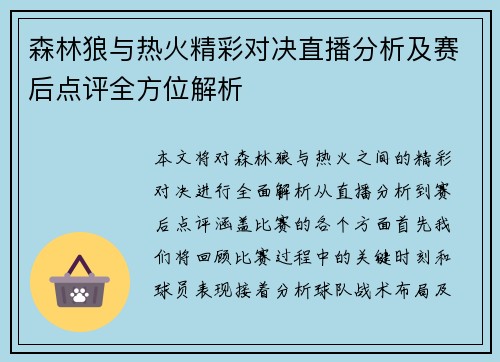 森林狼与热火精彩对决直播分析及赛后点评全方位解析