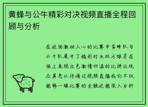 黄蜂与公牛精彩对决视频直播全程回顾与分析