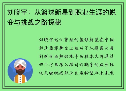刘晓宇：从篮球新星到职业生涯的蜕变与挑战之路探秘