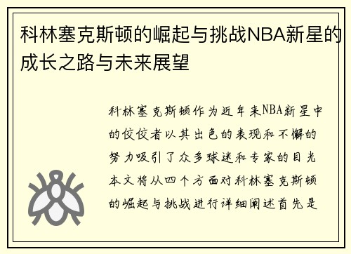 科林塞克斯顿的崛起与挑战NBA新星的成长之路与未来展望