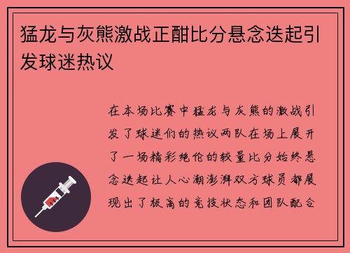 猛龙与灰熊激战正酣比分悬念迭起引发球迷热议