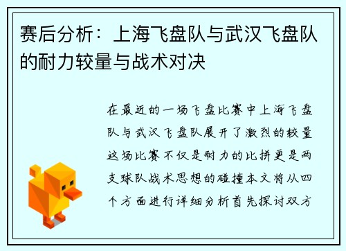 赛后分析：上海飞盘队与武汉飞盘队的耐力较量与战术对决