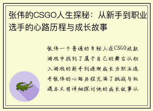 张伟的CSGO人生探秘：从新手到职业选手的心路历程与成长故事