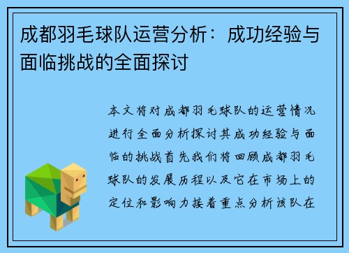 成都羽毛球队运营分析：成功经验与面临挑战的全面探讨